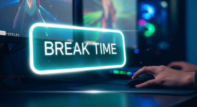 Person taking a break at desk with glowing break time notification on digital screen