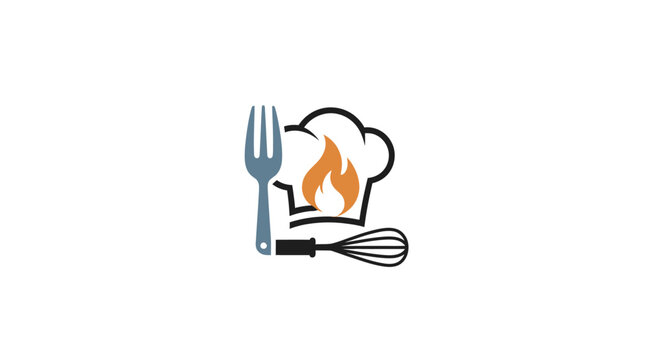 Culinary flame logo design depicting kitchen tools and a chef hat symbol, cooking and food.