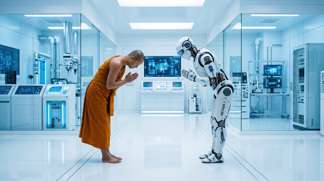 Monk humanoid robot laboratory bowing artificial intelligence technology future respect interaction Buddhist monk bowing toward humanoid robot inside clean futuristic laboratory, symbolic meeting