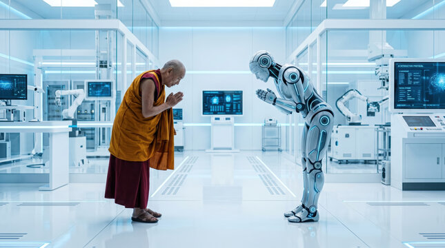 Monk humanoid robot laboratory bow interaction technology future spirituality Modern monk bowing toward futuristic humanoid robot inside bright laboratory, concept blending tradition with