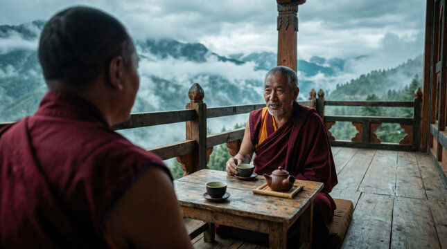 Monk tea cup wooden table balcony mountain monastery conversation tradition serenity, elderly monk sharing hot tea with another monk wooden balcony, misty mountain landscape behind, calm spiritual