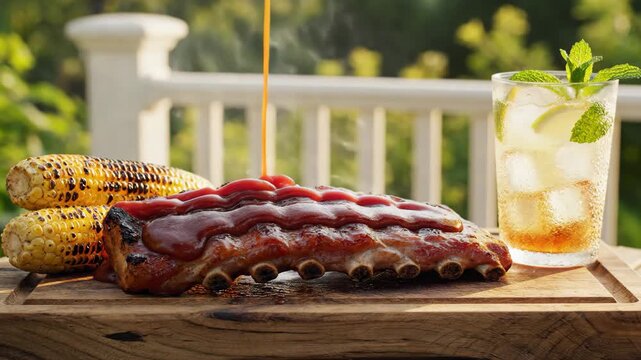 Barbecue glazed pork ribs served with grilled corn and cold drink on wooden board outdoors, sauce pouring, cooking process 