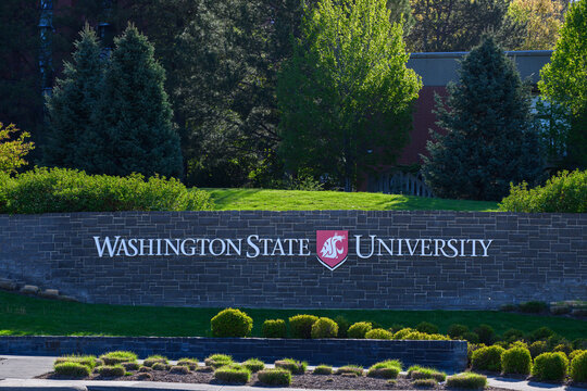 Pullman, WA, USA - May 5, 2026; Washington State University sign and logo at entrance to Pullman Washington campus