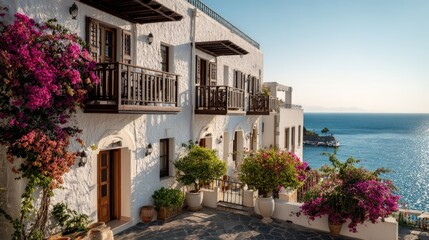 Fototapeta premium Greek coastal architecture with bougainvillea
