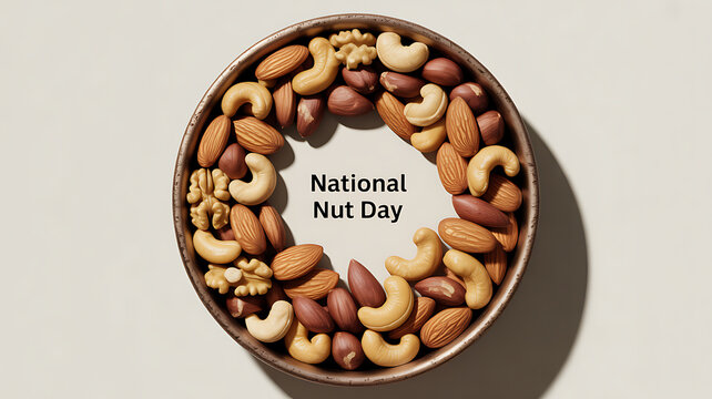 A bowl of assorted nuts arranged in a circular pattern with 'National Nut Day' text in the center