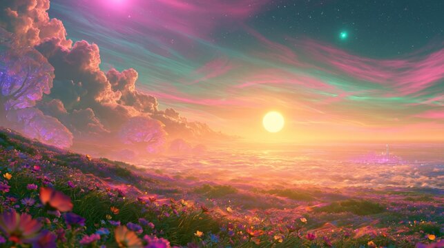 hyper luminous alien world beneath three radiant multicolored suns