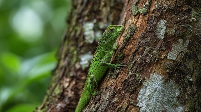 Green lizard clinging to tree bark