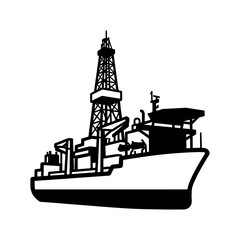 Obraz premium Offshore Drillship Black and White Silhouette Vector Icon Isolated on White Background