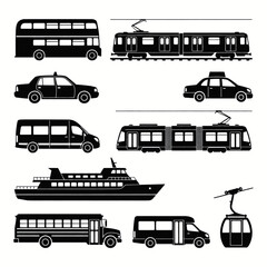 Collection of various black and white transportation icons including buses, trams, taxis, and a ferry. © Imam