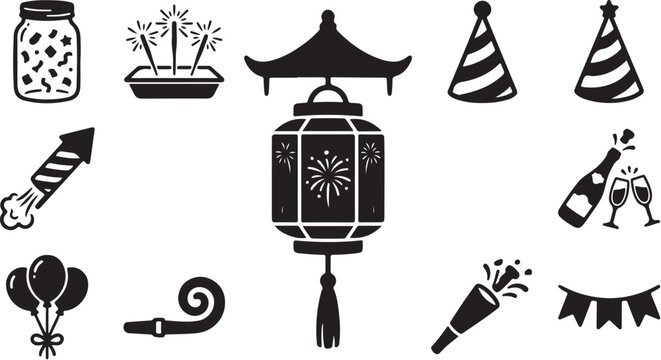 New Year's Eve Celebration Icons and Symbols