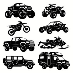 Collection of diverse off-road vehicles and recreational transportation, including a monster truck, ATV, dirt bike, dune buggy, pickup truck, snowmobile, jeep, and RV. © Imam