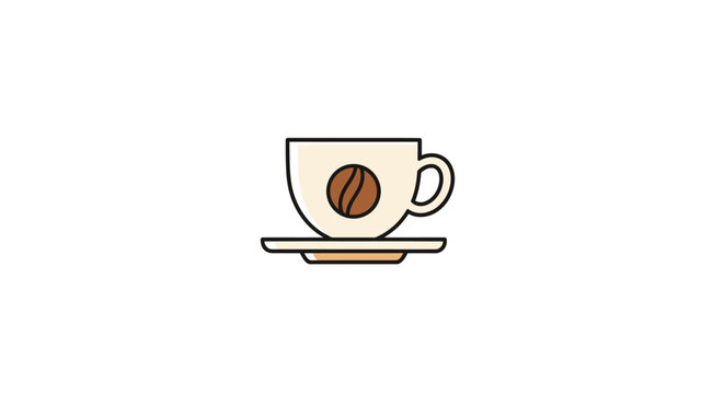 Minimalist Illustration of Coffee Cup with Bean, on Saucer, Against White Background