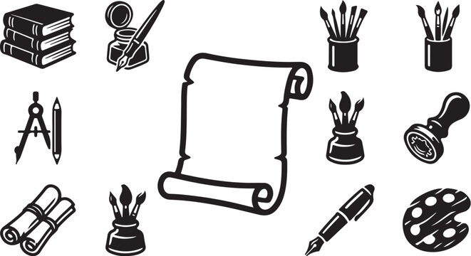 Stationery and writing tools illustration set black