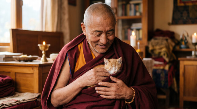 Monk cat kitten portrait meditation temple robe elderly compassion buddhism, Elderly Buddhist monk temple robe holding sleepy ginger kitten, warm candlelight interior, peaceful meditation mood
