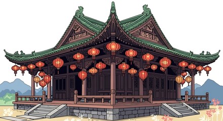 Obraz premium Traditional Asian temple with red lanterns at dusk.