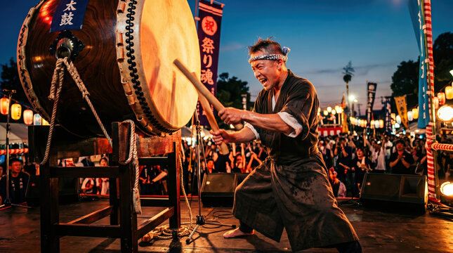Monk drum festival taiko percussion performance Japanese monk striking massive drum with wooden mallet during outdoor festival at dusk, energetic expression on stage, crowd and lantern light behind