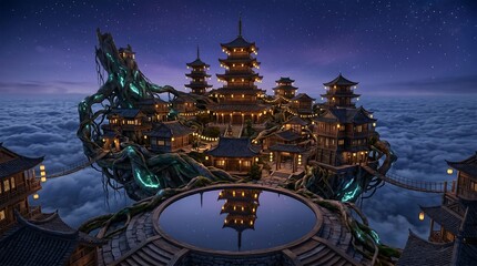 Obraz premium Fantasy Asian temple on floating island above sea of clouds