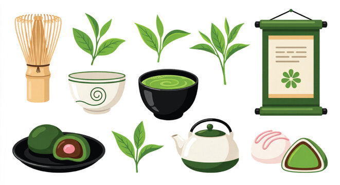 Japanese matcha tea ceremony vector set, traditional green tea leaves and bamboo whisk, mochi sweets and ceramic teapot icons for menu design