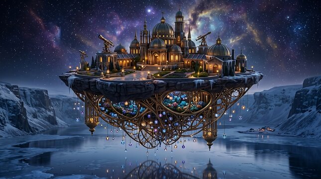 Fantasy floating island with castle and observatory in space
