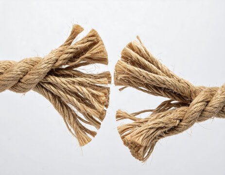 Close-up of a thick, natural fiber rope torn apart, revealing the frayed ends against a clean white backdrop