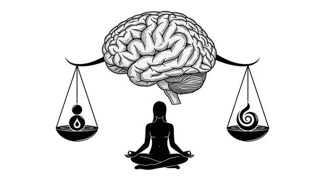 Person balancing brain and conscience scales symbolizing thought.
