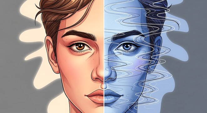 Split face contrasting emotions concept.