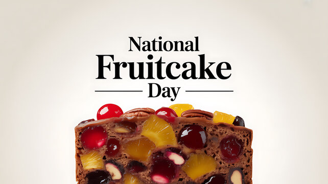 National Fruitcake Day celebration with a close-up of a fruitcake slice featuring dried fruits and nuts