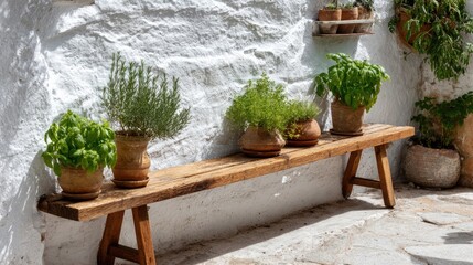Fototapeta premium Herb garden on rustic wooden bench