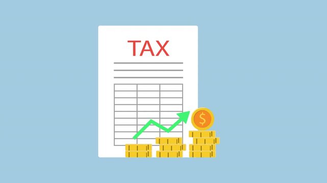 Tax Document with Gold Coin Stack, Taxable Income Concept 2d animation with alpha matte