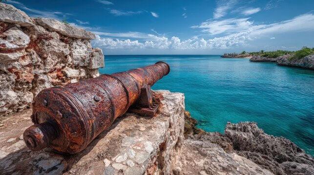 Historic cannon overlooking turquoise ocean