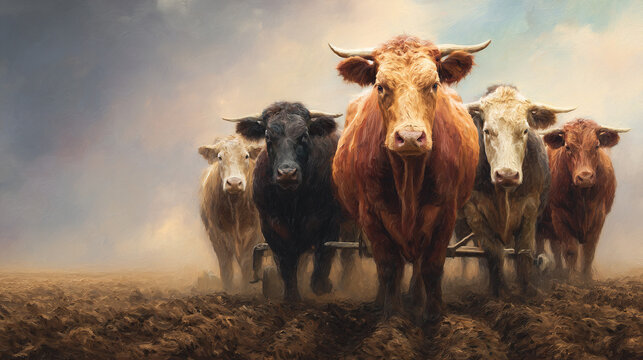 A team of oxen pulling a plow through a freshly turned field, against the backdrop of a vast, cloudless sky