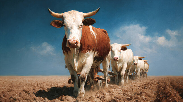 A team of oxen pulling a plow through a freshly turned field, against the backdrop of a vast, cloudless sky
