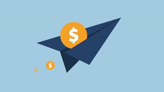 Paper Plane with Coin, Send Money Concept 2d animation with alpha matte