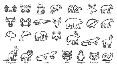 Obraz premium Modern rounded animal line icons set pets farm and reptile monoline vector pack