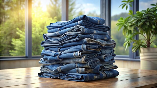 Stack of jeans on table zero vaste concept ecology and recycling