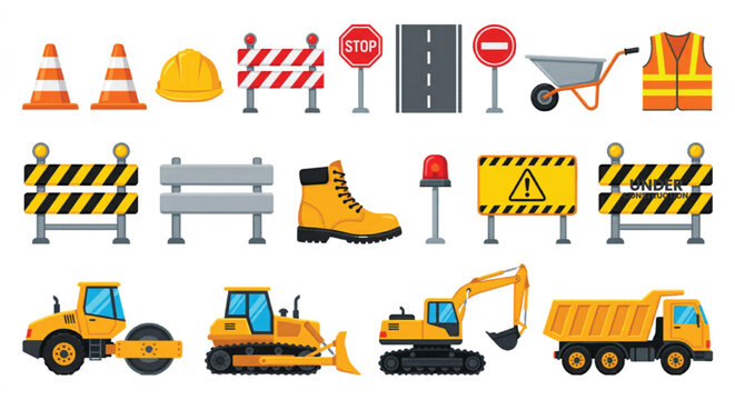 Construction equipment and road work icons set, industrial heavy machinery vector collection, building site safety tools and yellow vehicle illustrations