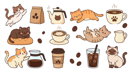 Kawaii cat and coffee sticker set, cute kitten cafe vector illustrations, 13 hand drawn feline and espresso elements for scrapbooking and planners © Muhammad