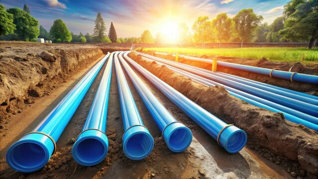 Water pvc plastic pipes in ground during plumbing construction s
