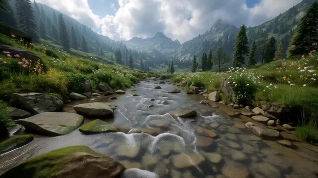 A serene mountain stream flows gently through a lush green valley with rocks and wildflowers under a cloudy sky.