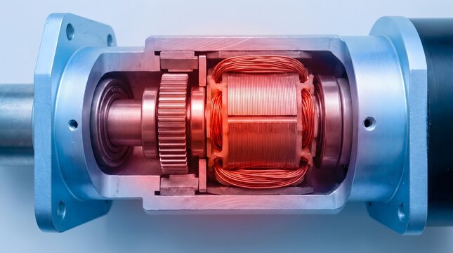 Thermal view of an electric motor, showing the internal components and mechanical engineering details in a close-up macro view, focusing on the technology.