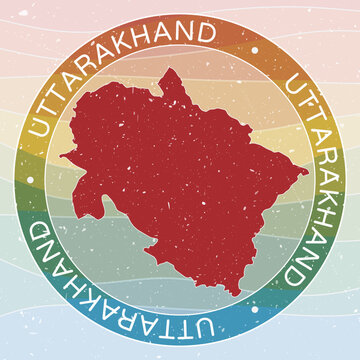 Vintage Uttarakhand, India Round Logo. Distressed wave stripes State badge with grunge scratch texture. Uttarakhand, India Retro Map Emblem. Vector Illustration.