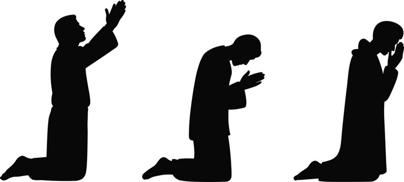 Silhouettes of three men in religious robes kneeling in prayer and worship isolated on a white background for spirituality