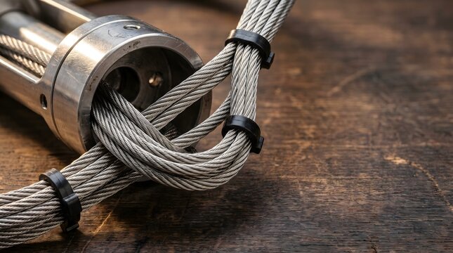 Close up of braided steel cable assembly on wooden surface, industrial strength and engineering macro close-up, industrial detail, technology background