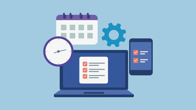 Laptop with checklist, clock, calendar and smartphone, Time Management, organization and workflow 2d animation with alpha matte