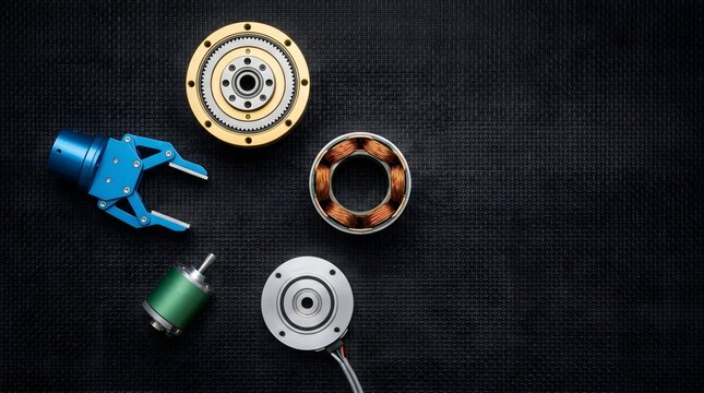 Mechanical components and robotic arm on dark textured surface, engineering and technology innovation macro close-up, industrial detail, technology background