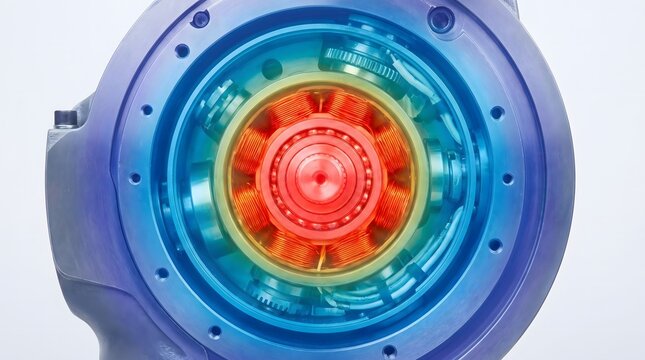 Thermal visualization of a pump's internal mechanism, fluid dynamics and macroscopic engineering details, industrial details, technological context.