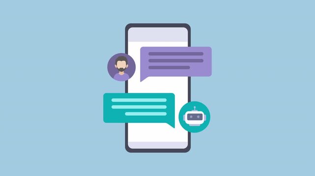 Chat bot on smartphone, A person writing prompt to robot ai to generate information via phone app 2d Animation with Alpha Matte