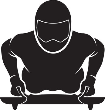 Skeleton athlete silhouette, winter sports racer icon, bobsled sliding sport graphic