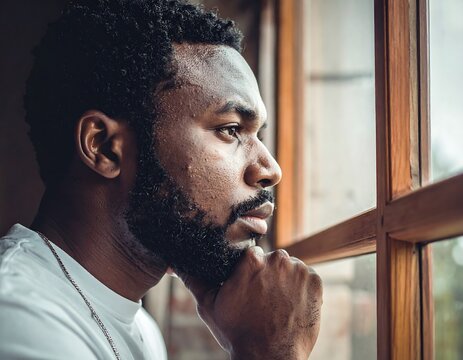 Close-up of a thoughtful Black man with a beard, gazing out a window, resting chin on hand. The lighting highlights features