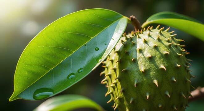 Fresh green soursop fruit with dew drops on leaves in tropical garden.
